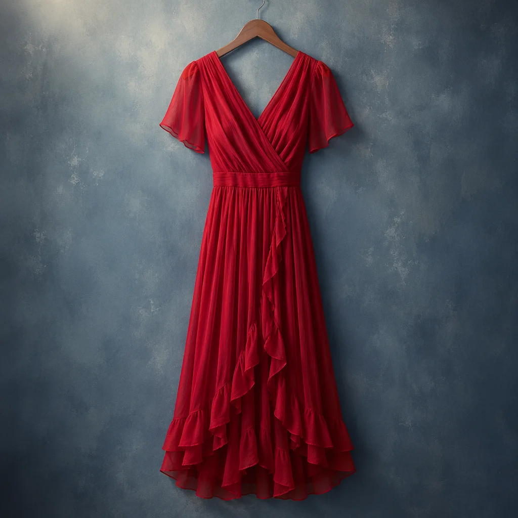 Elegant Crimson Evening Dress on Hanger