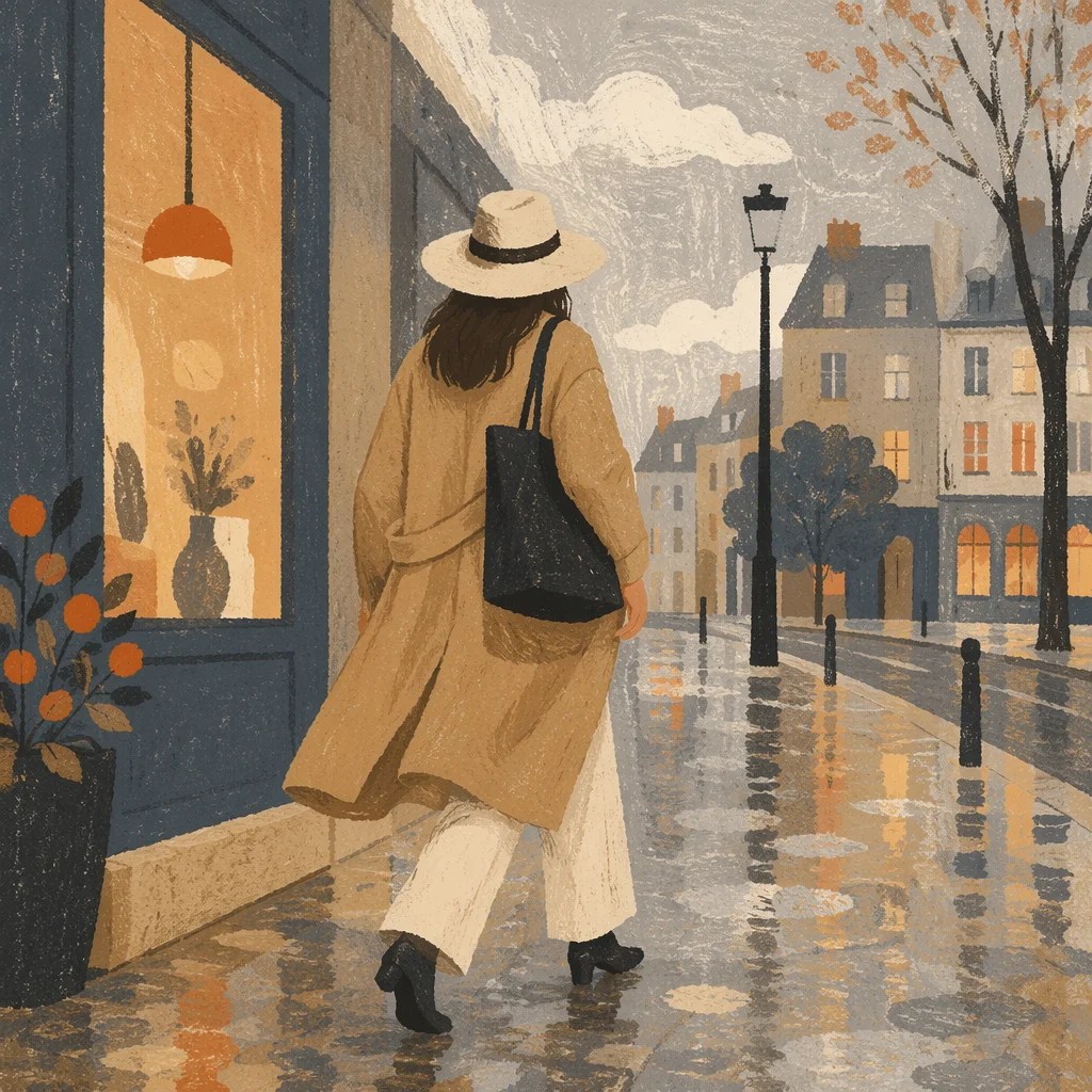 Rainy Urban Street Style in Camel Coat