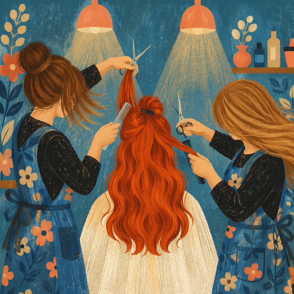 Dynamic Copper Hair Styling Salon Scene
