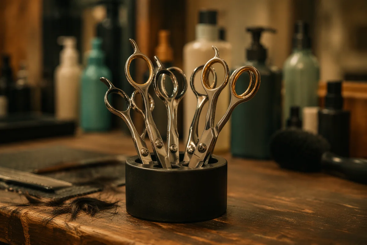 Professional Hair Styling Scissors on Salon Workstation
