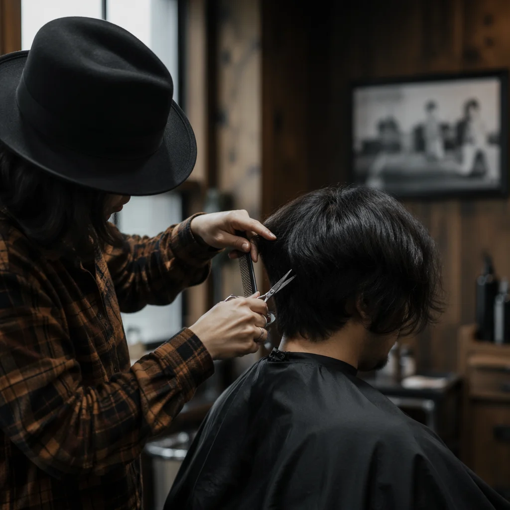 Moody Hair Stylist Trimming Dark Hair