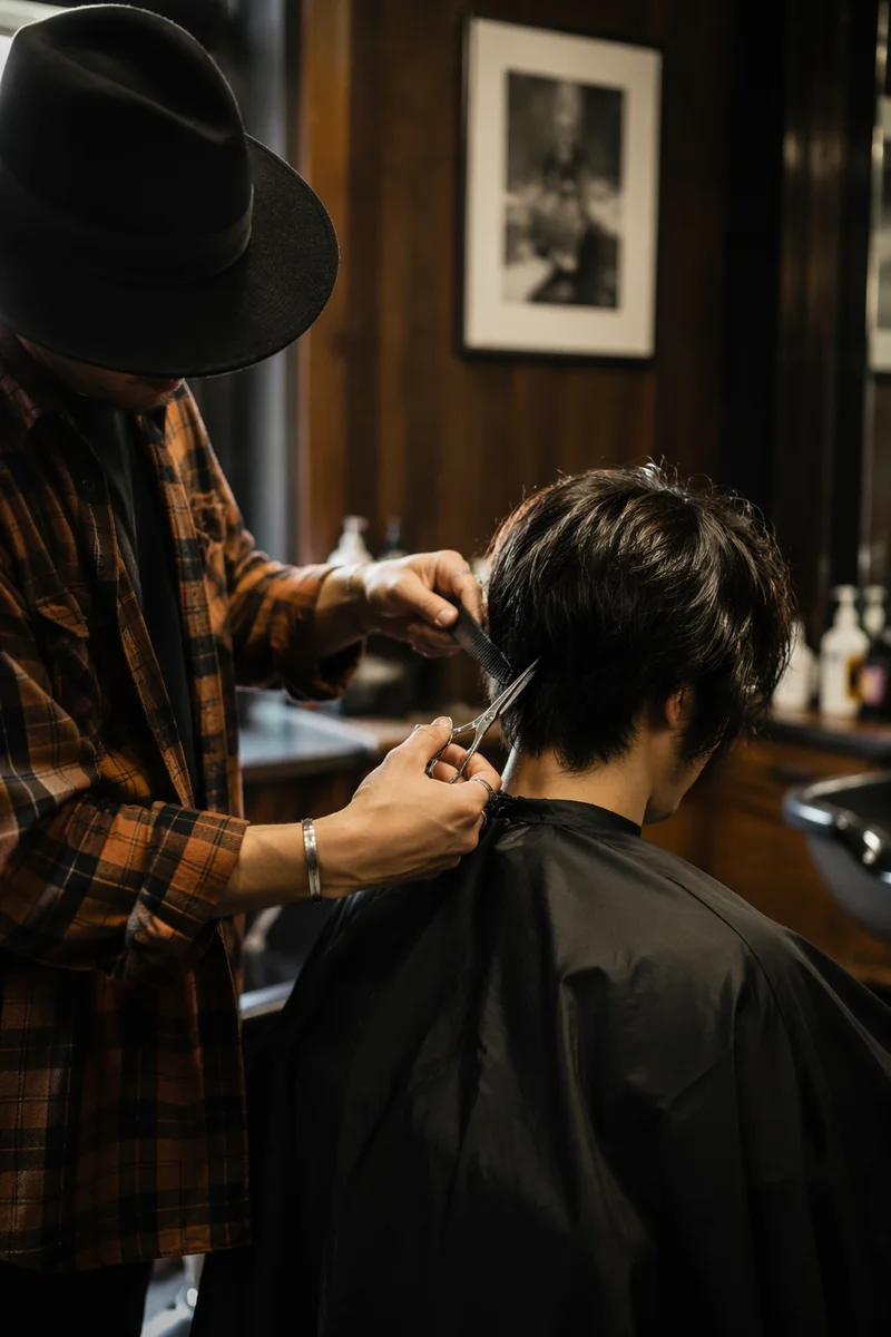 Moody Hairdresser Trimming Client in Salon