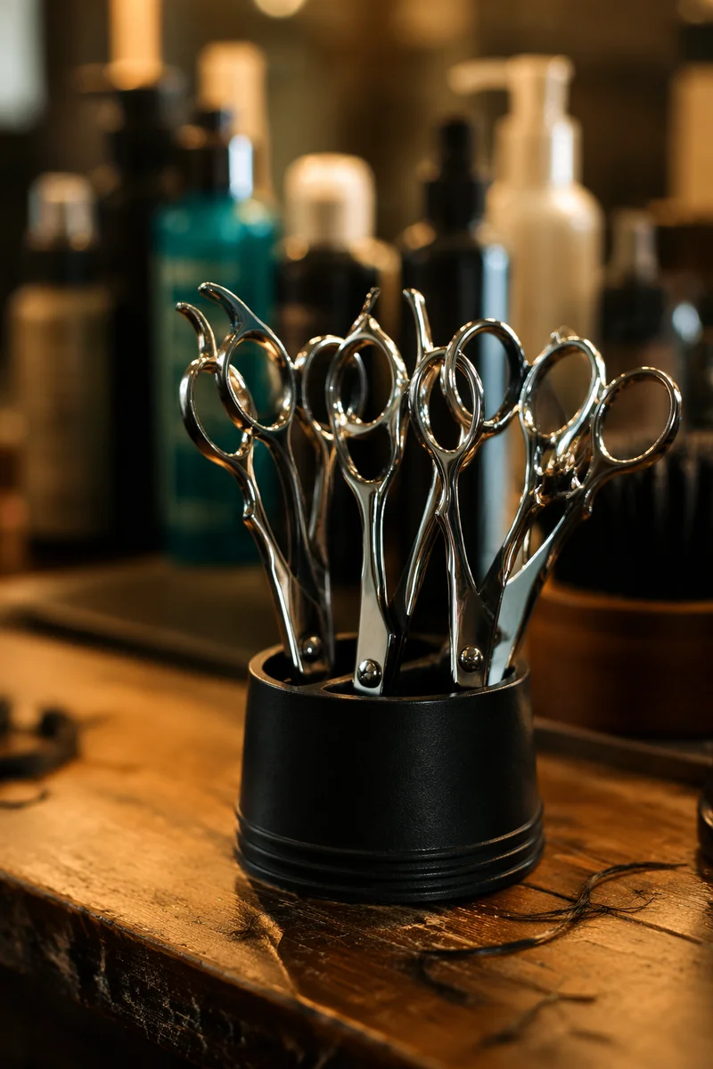 Professional Hair Styling Scissors on Salon Workstation