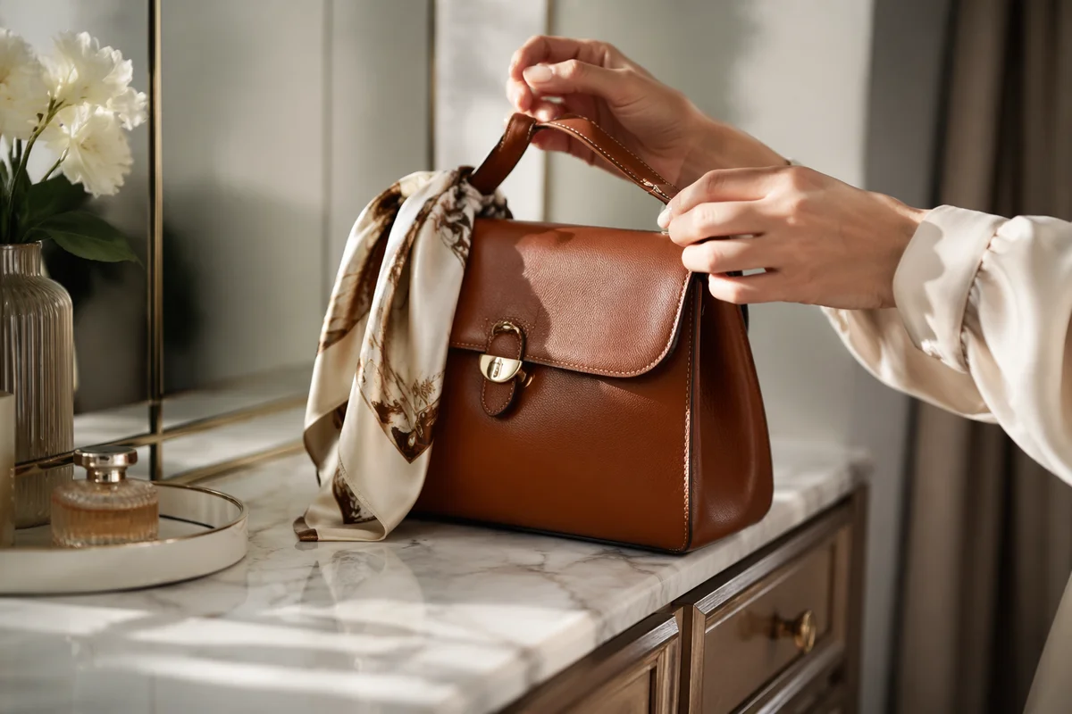 Elegant Leather Handbag Close-Up on Vanity