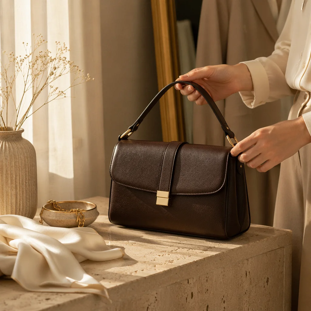 Espresso Leather Handbag in Elegant Dressing Room