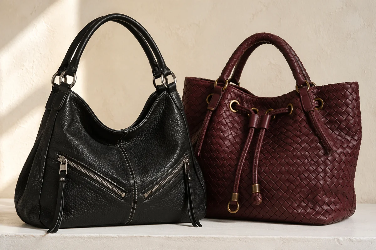 Luxury Leather Handbags on Cream Tabletop