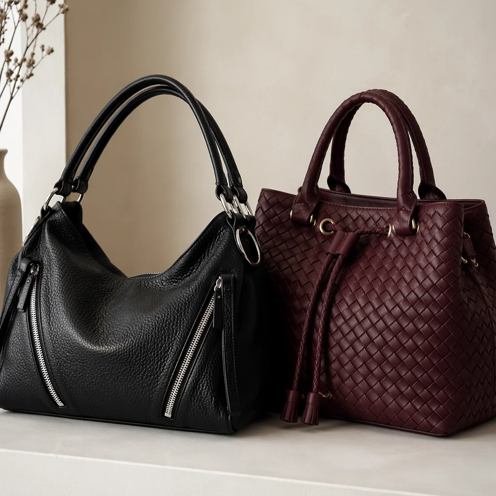 Luxury Leather Handbags on Cream Tabletop