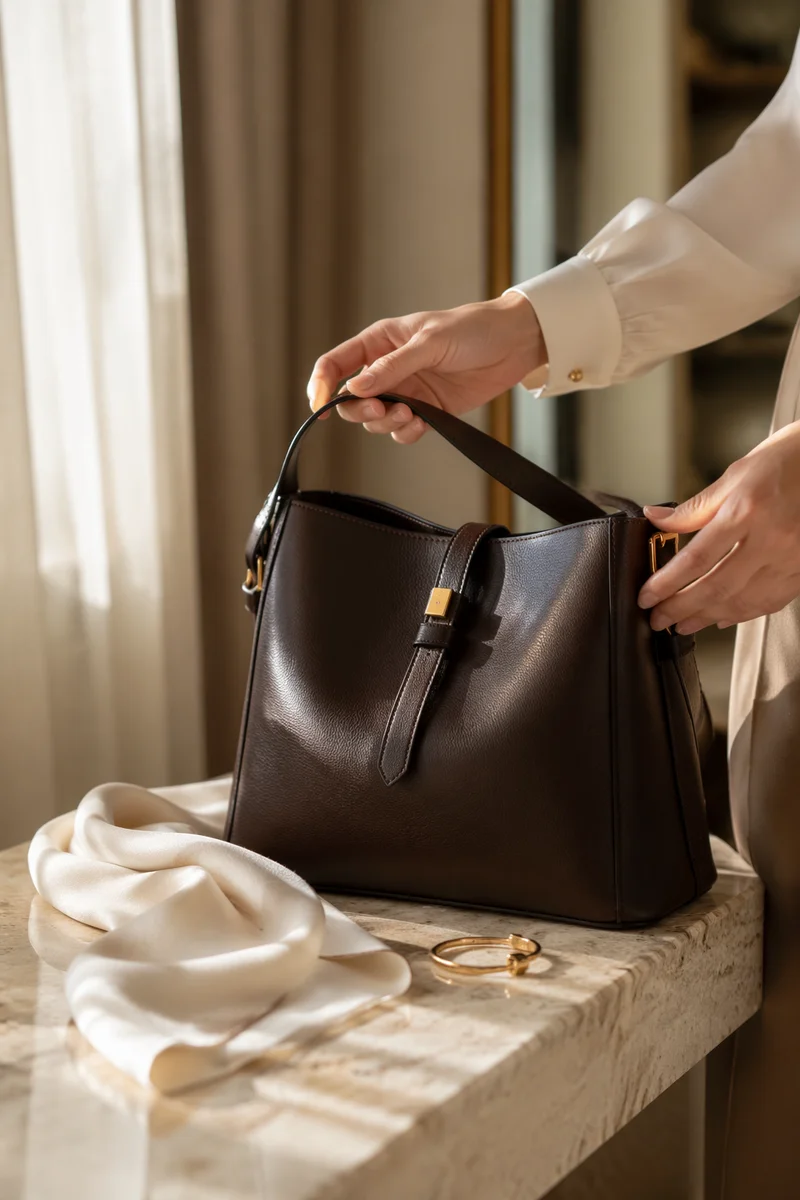 Luxury Espresso Leather Handbag Editorial