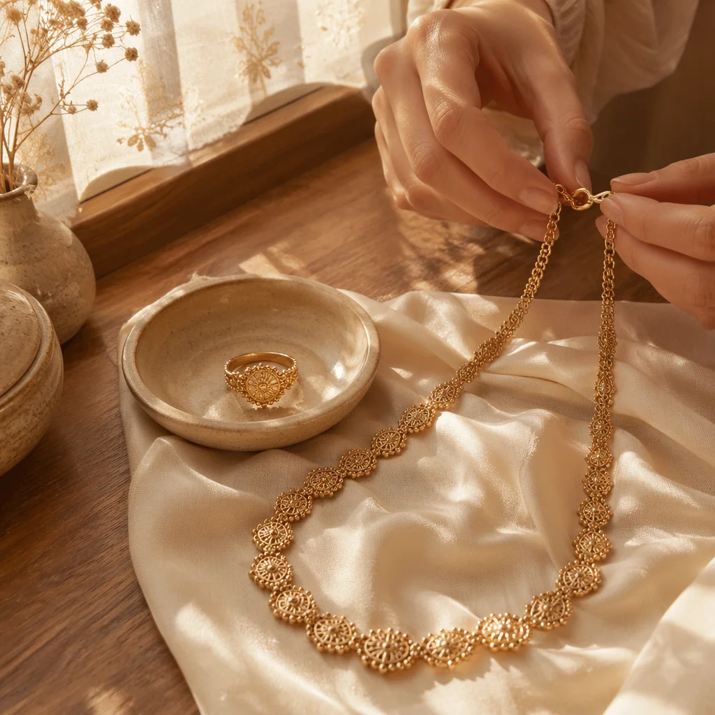 Elegant Gold Necklace and Ring on Silk