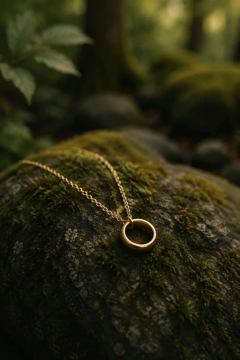 Elegant Gold Ring Necklace on Forest Moss