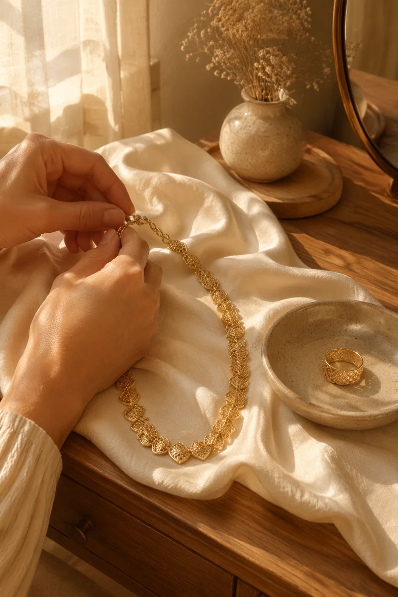 Elegant Gold Necklace and Ring Still Life