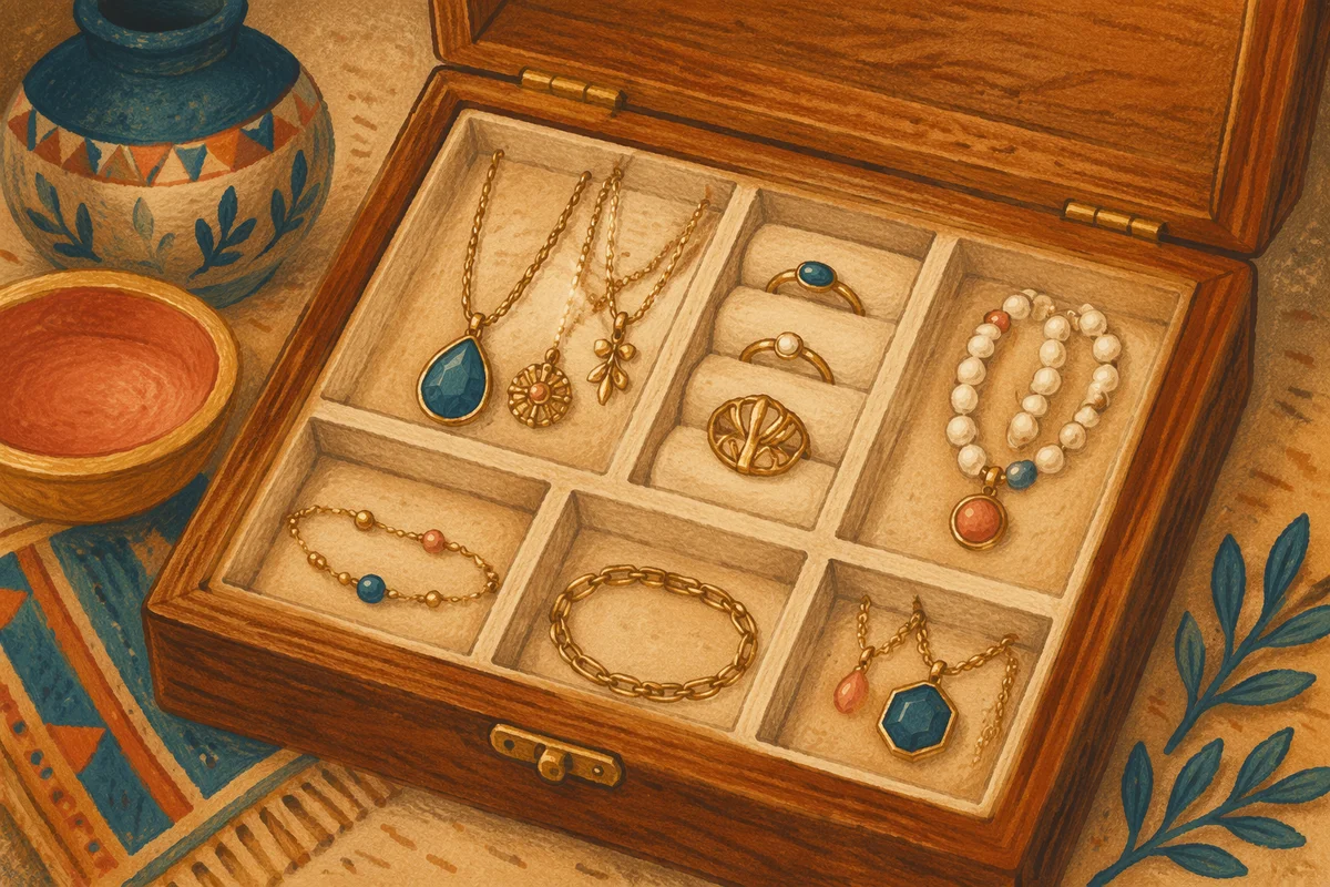 Elegant Gold Jewelry in Wooden Box