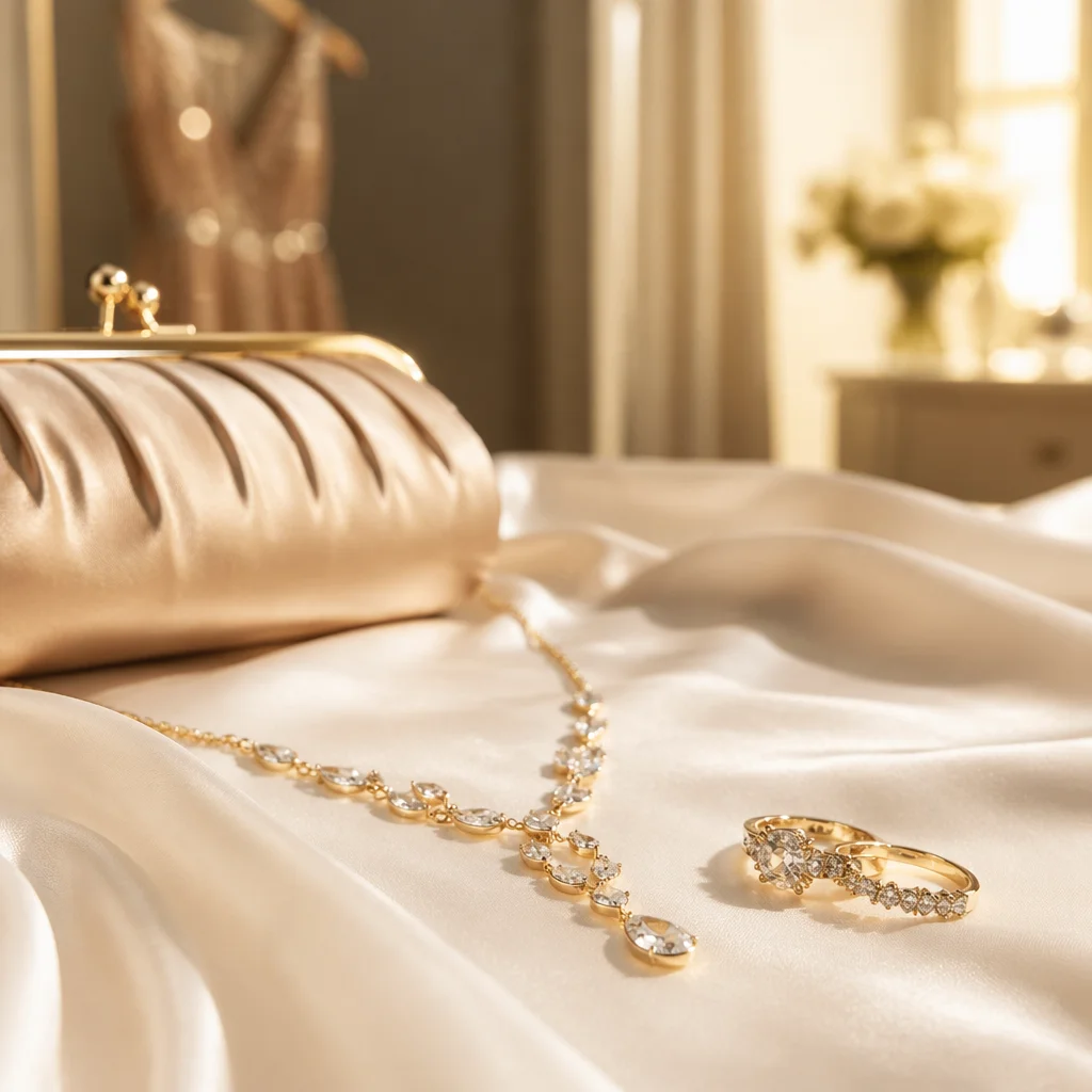 Elegant Gold Necklace and Rings Still Life