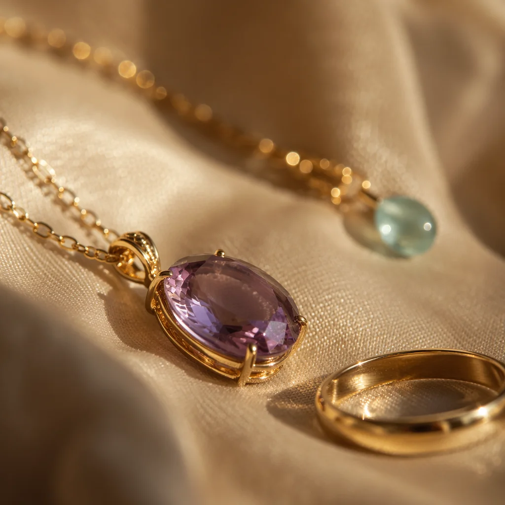 Elegant Gold Necklace with Violet Gemstone