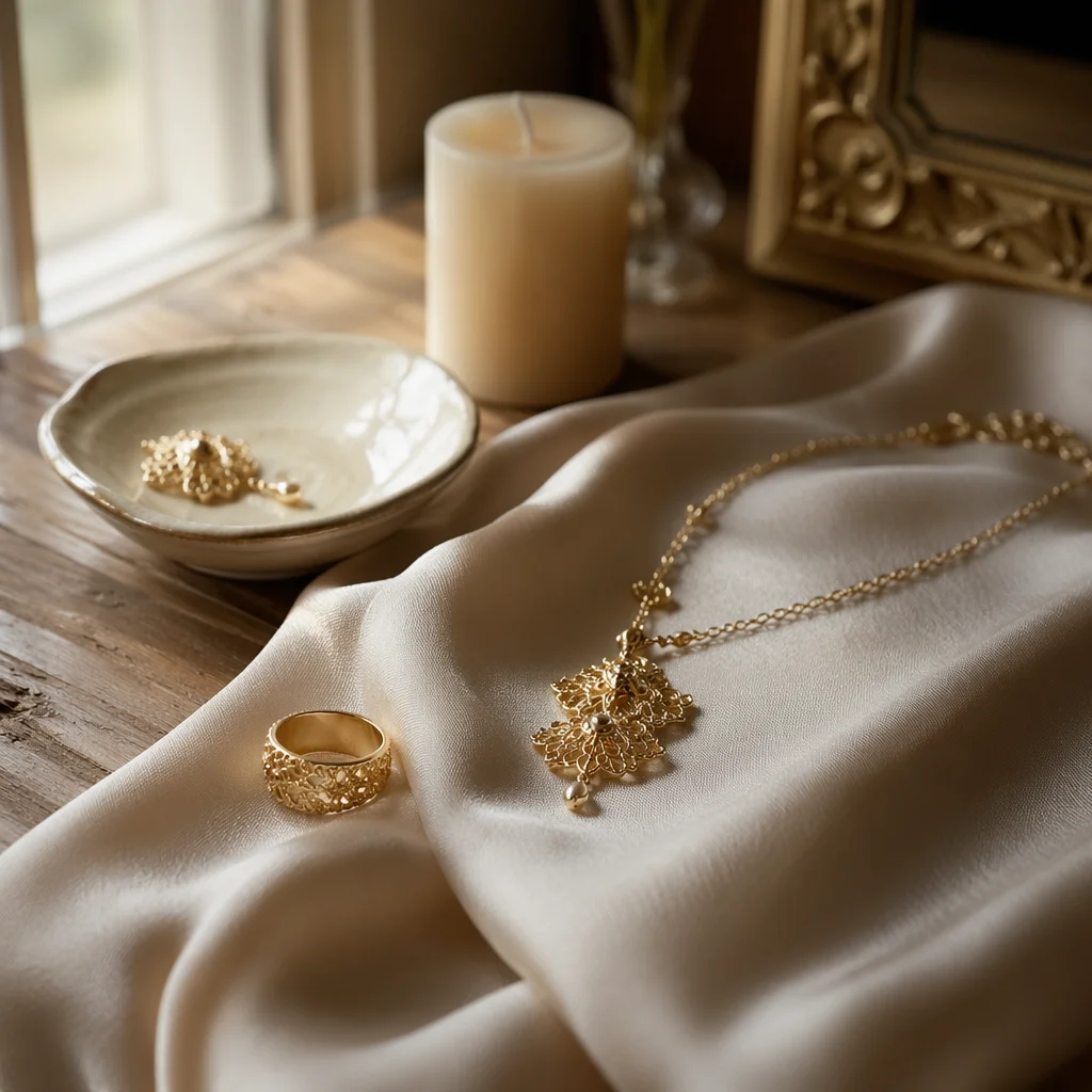 Elegant Gold Jewelry on Ivory Silk