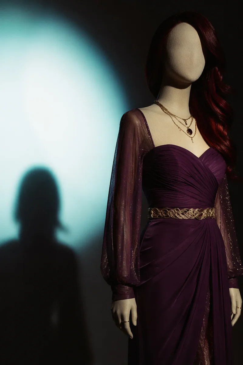 Elegant Gold Jewelry on Violet Evening Dress