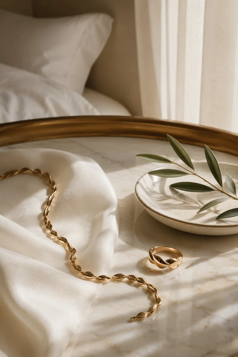 Elegant Gold Necklace and Ring on Silk