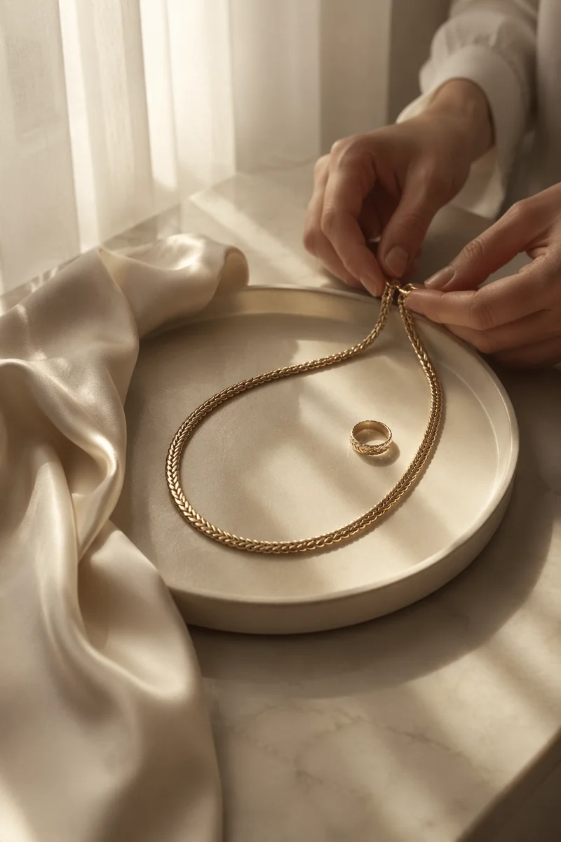 Elegant Gold Necklace and Ring Still Life