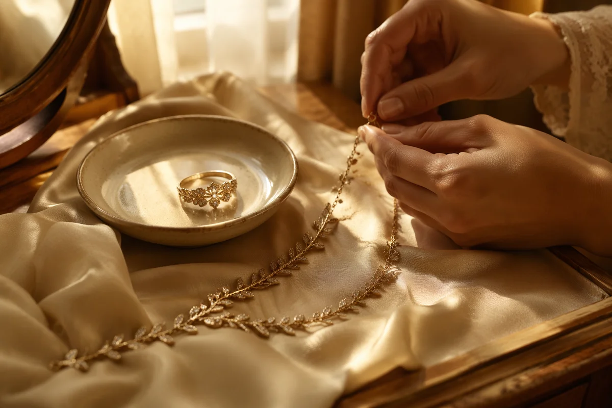 Elegant Gold Necklace and Ring on Silk