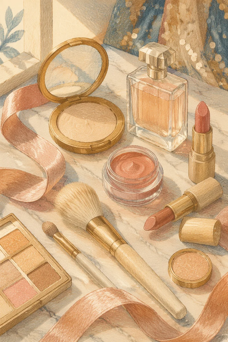 Elegant Makeup Vanity Flat Lay Close-Up