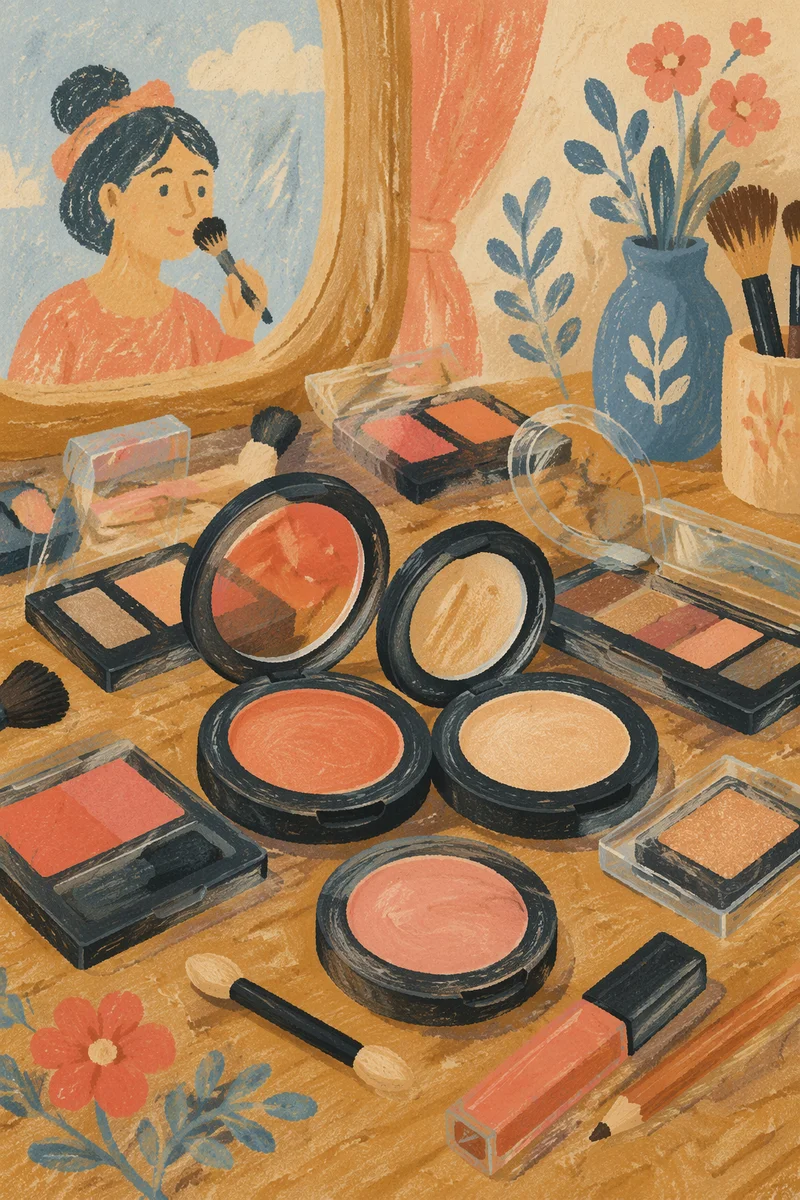 Close-Up Makeup Cosmetics on Wooden Vanity