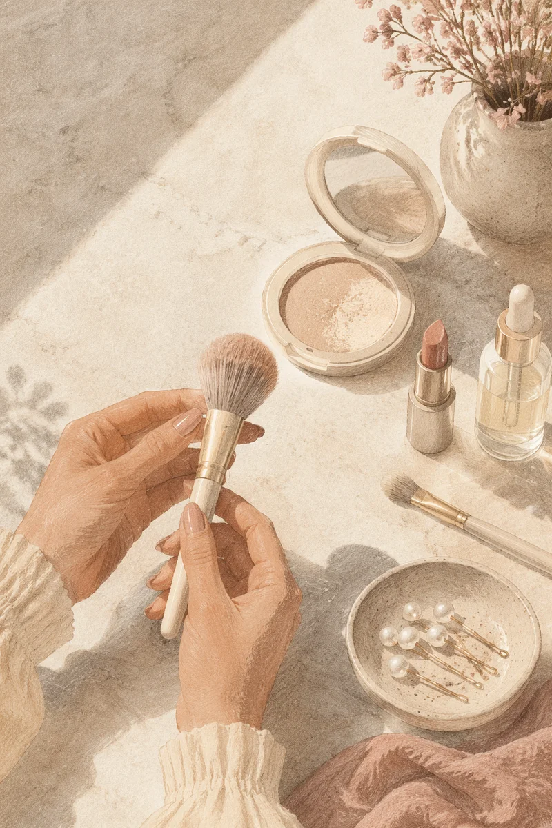 Neutral Makeup Flat Lay in Morning Light