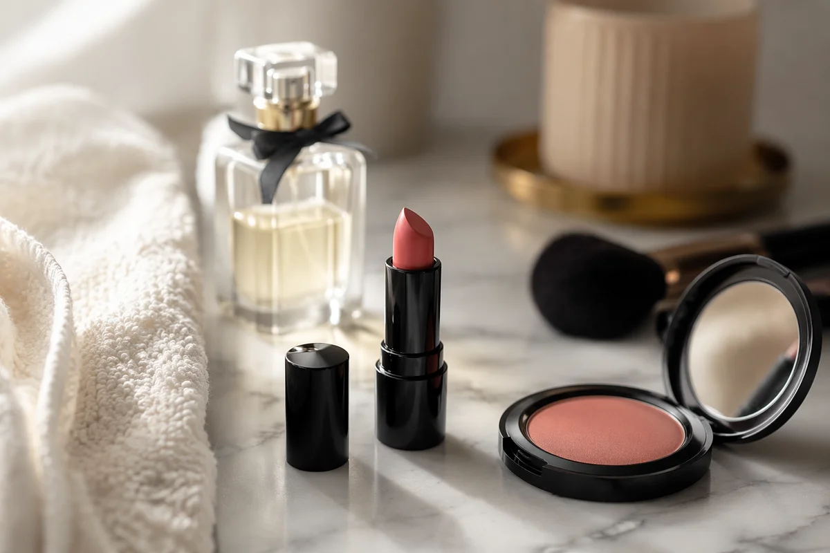 Luxury Makeup Flat Lay on Marble