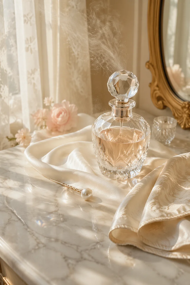 Elegant Crystal Perfume on Ivory Silk