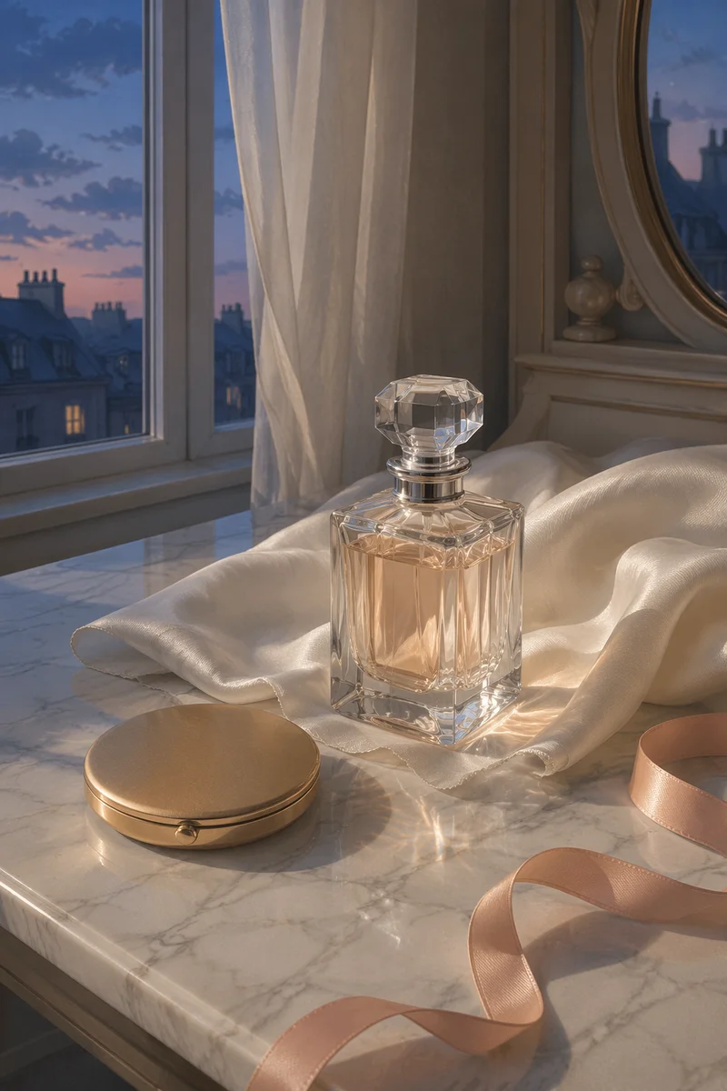 Elegant Crystal Perfume on Ivory Silk