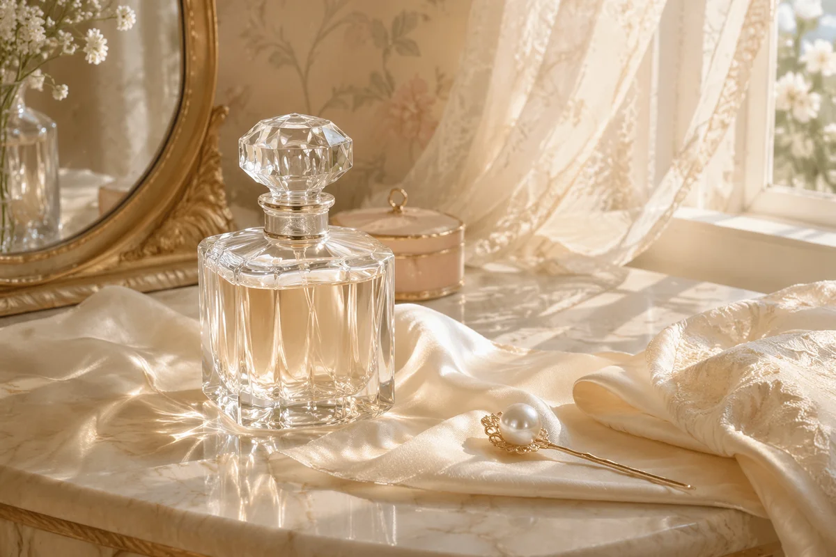 Elegant Crystal Perfume on Ivory Silk