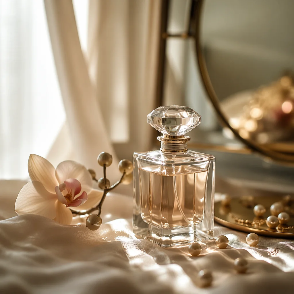 Elegant Crystal Perfume on Silk Vanity