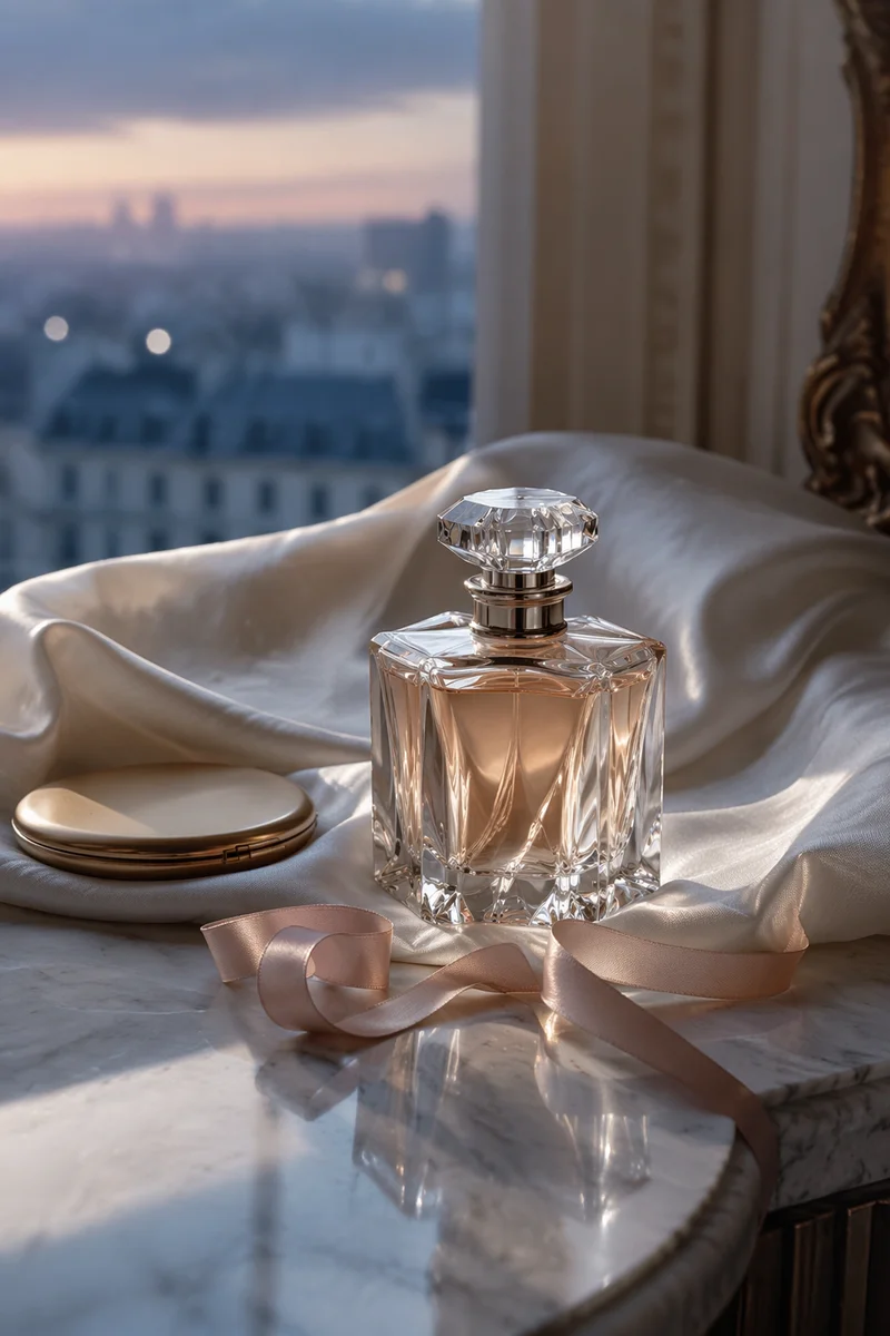 Elegant Crystal Perfume on Ivory Silk