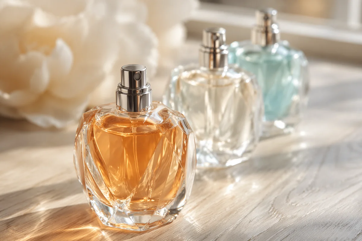 Luxury Amber Perfume Bottles on Pale Wood