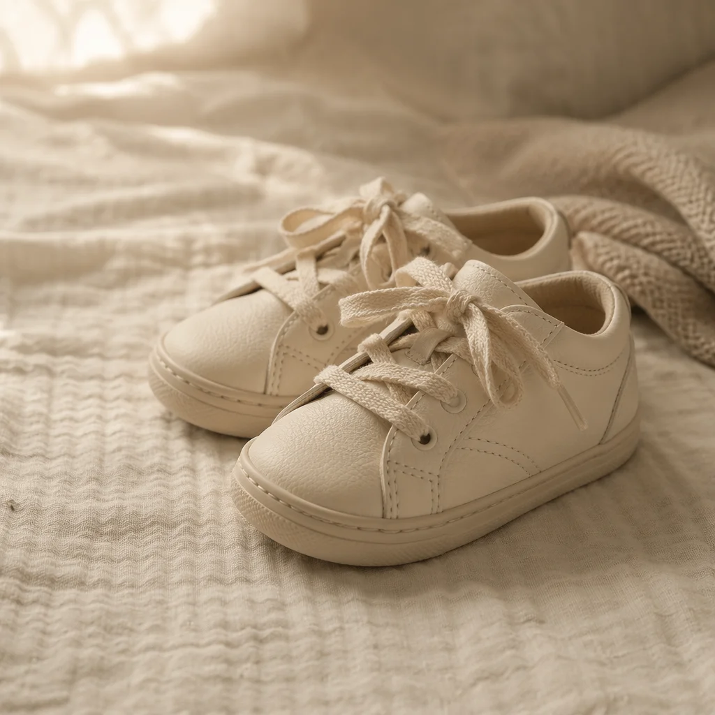 Cream Toddler Sneakers on Soft Bedspread