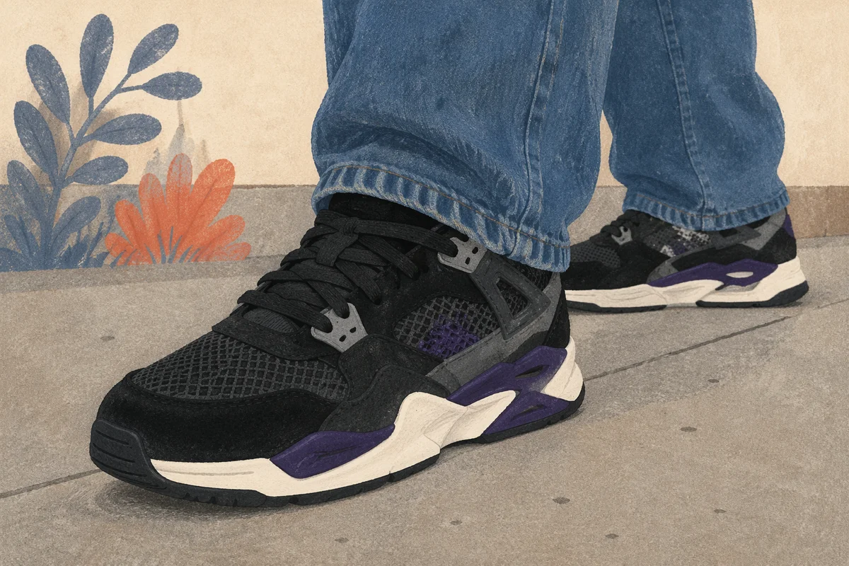 Casual Black Sneakers on Gray Sidewalk