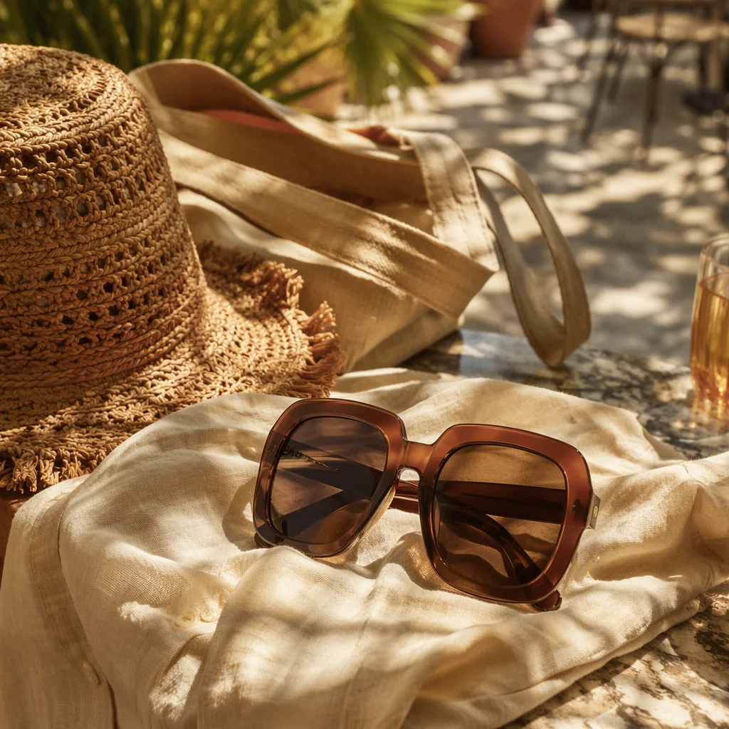 Oversized Sunglasses on Sunlit Summer Terrace