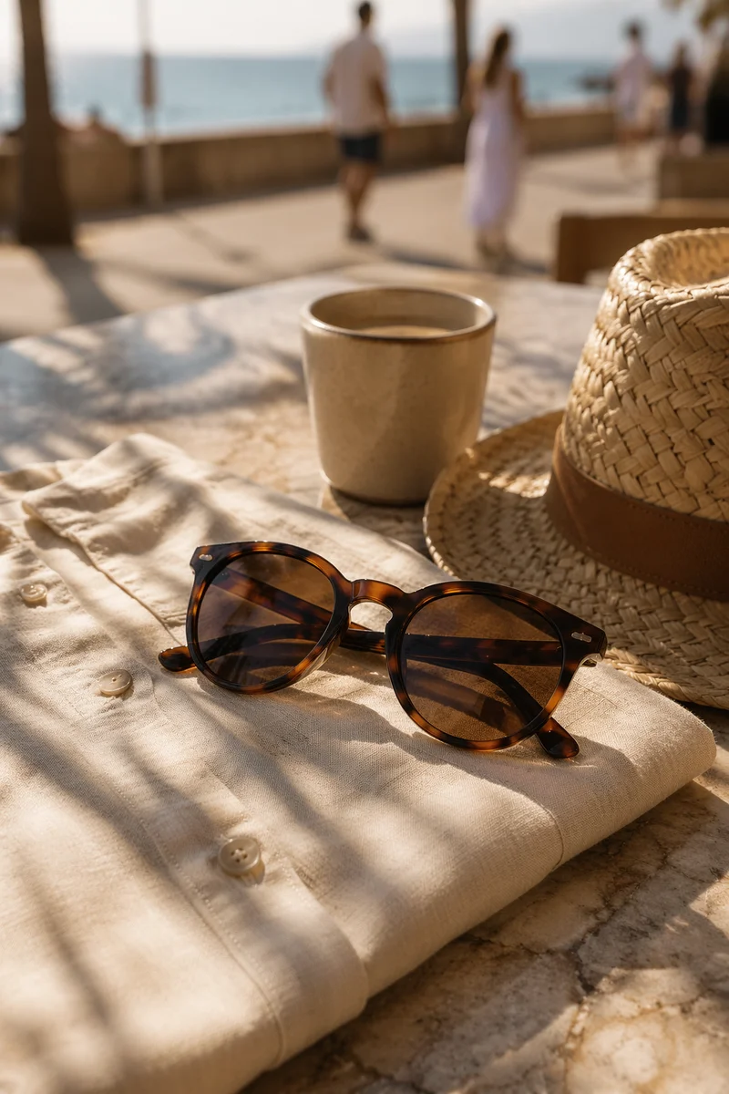 Tortoiseshell Sunglasses on Sunlit Café Table