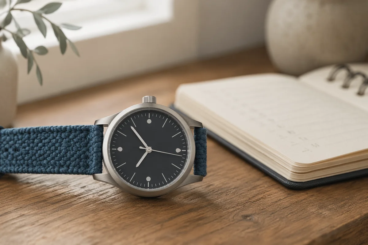 Close-Up Wristwatch on Wooden Desk
