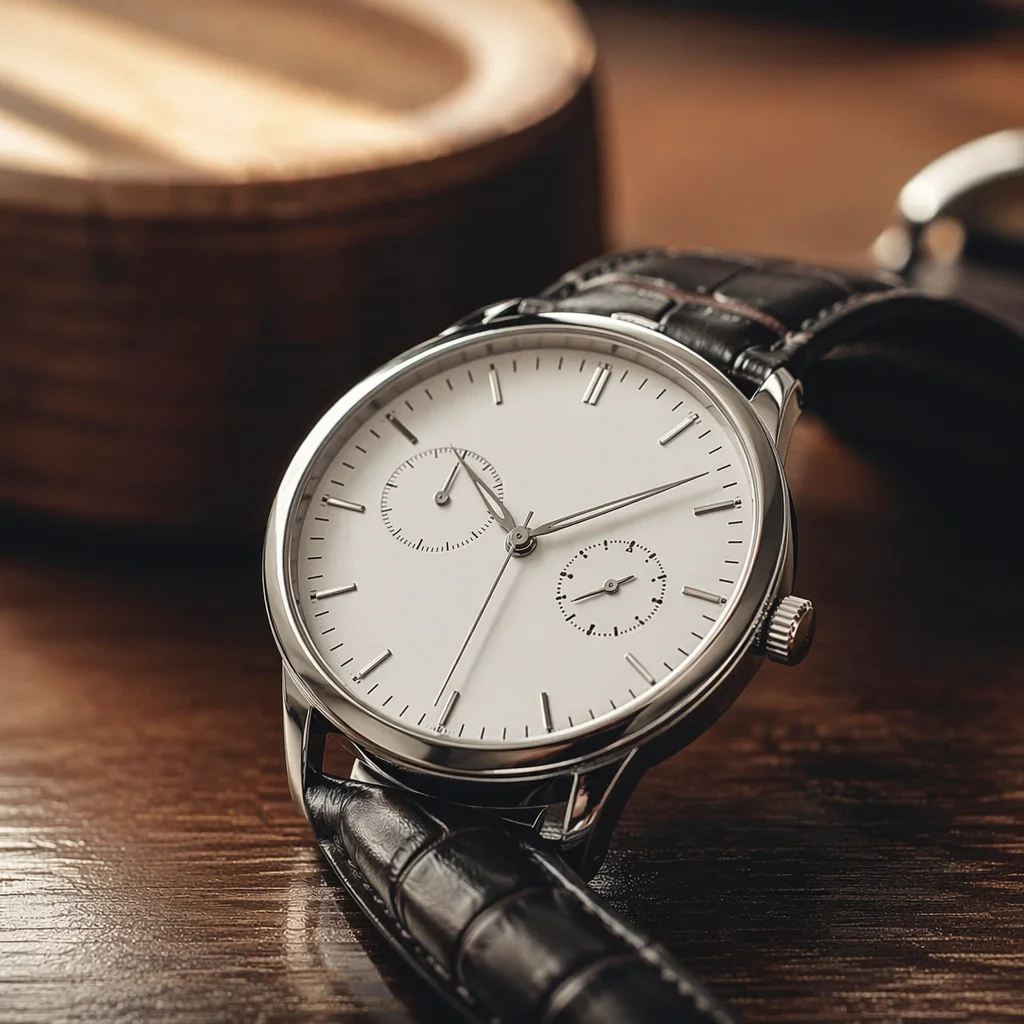 Luxury Wristwatch on Dark Wood Tabletop