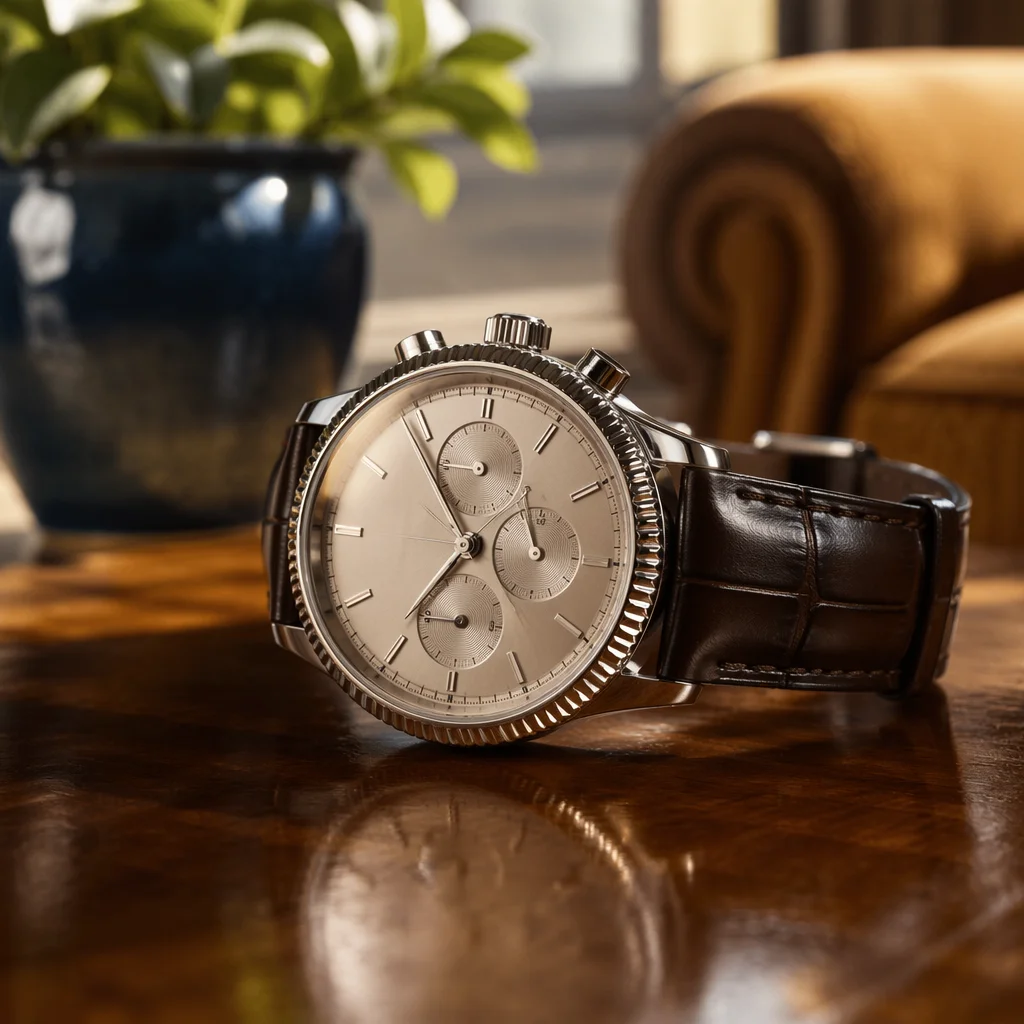 Luxury Wristwatch Close-Up on Wooden Tabletop
