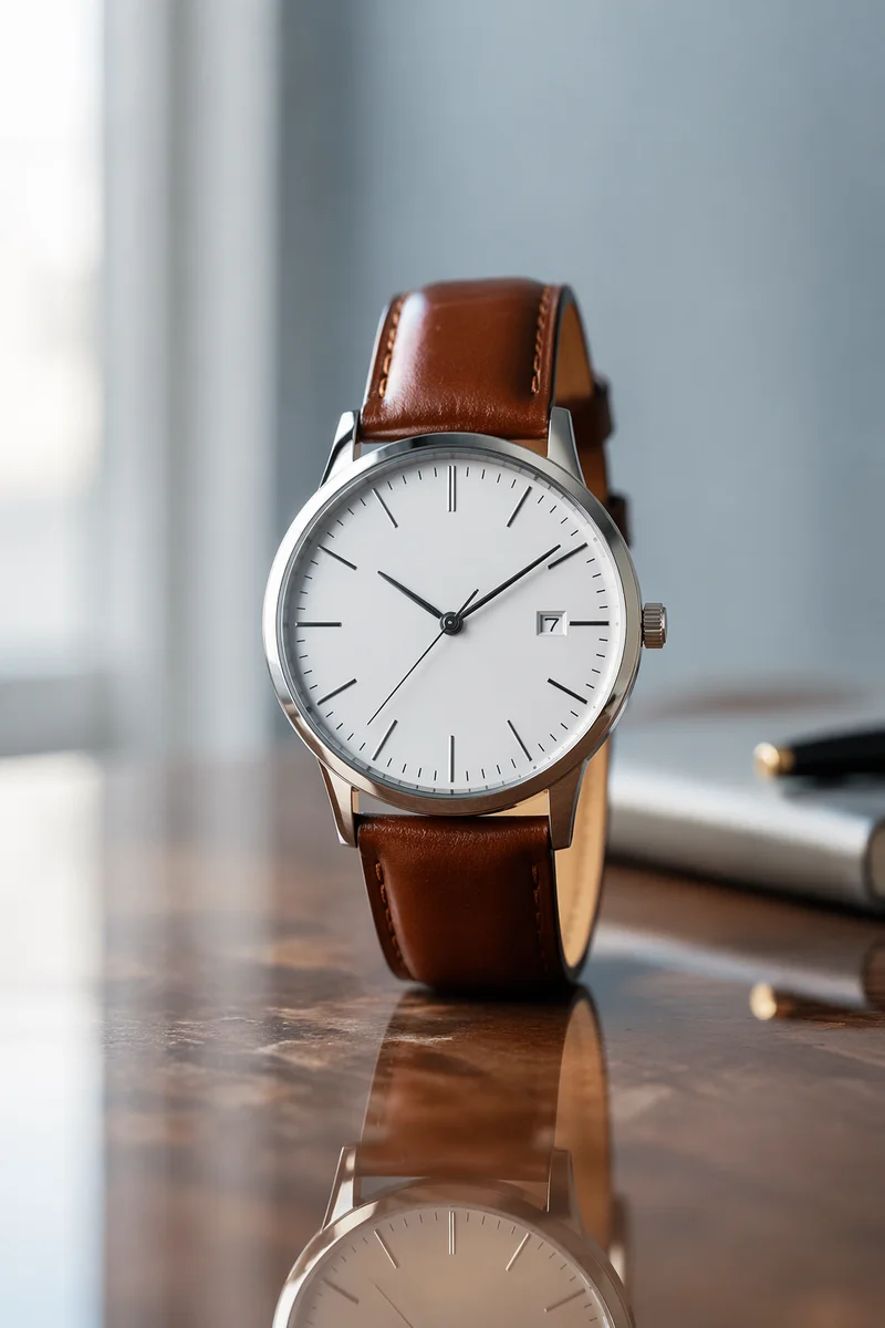Luxury Wristwatch Close Up on Reflective Table