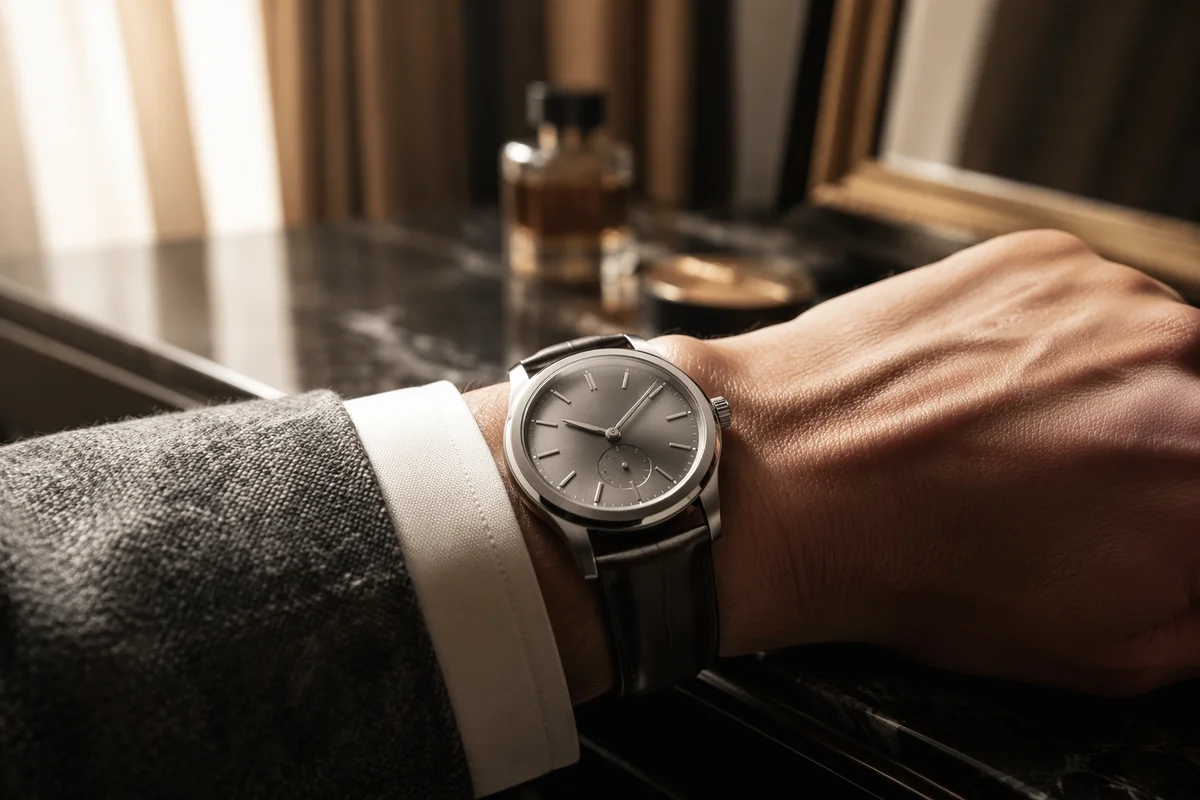 Luxury Wristwatch Close Up on Tailored Cuff