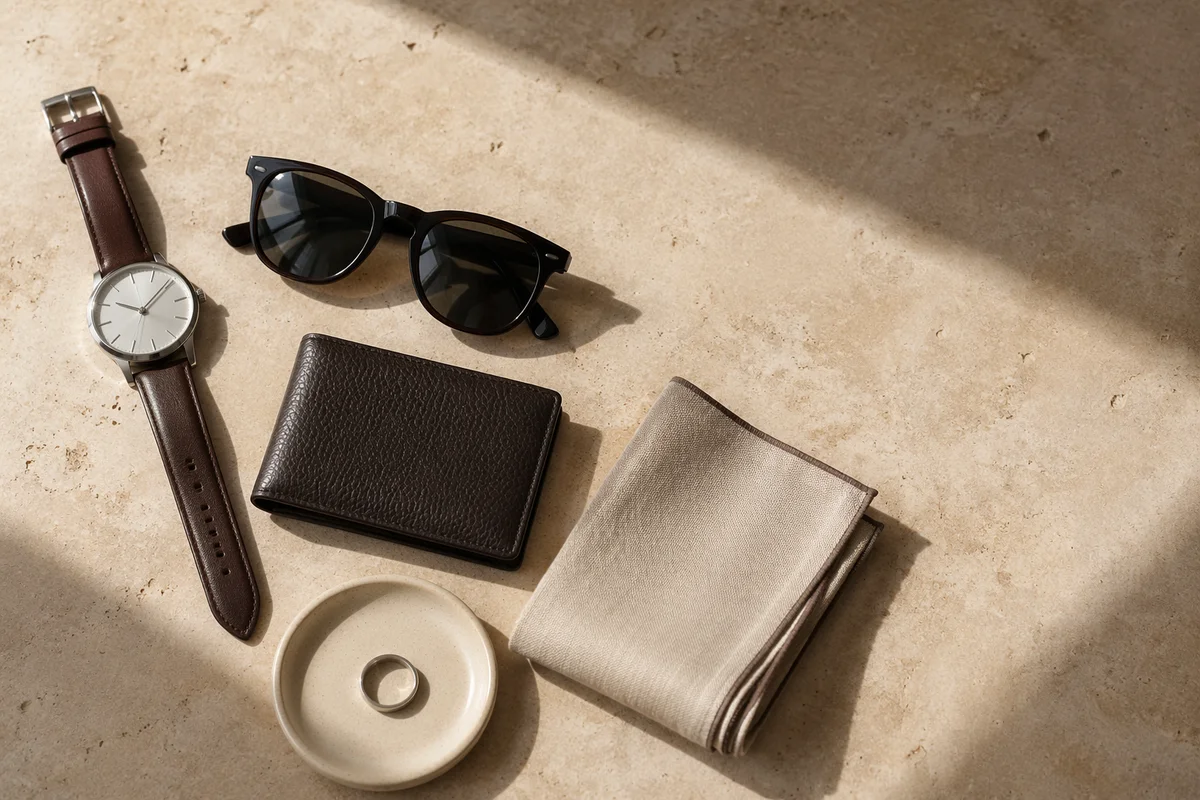 Elegant Accessories Flat Lay on Travertine