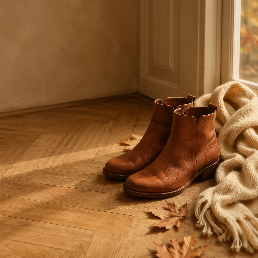Cognac Leather Ankle Boots Autumn Still Life