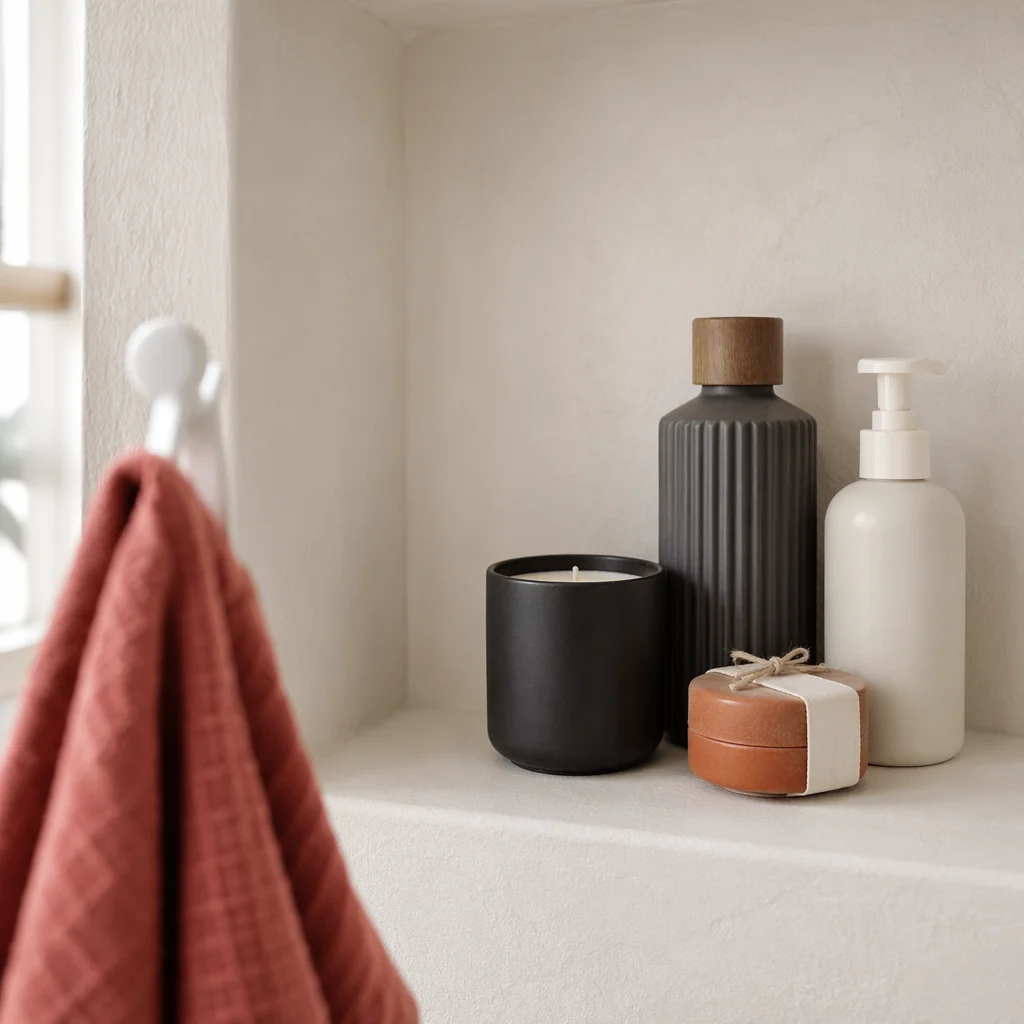 Styled Bathroom Shelf Candle and Lotion Set
