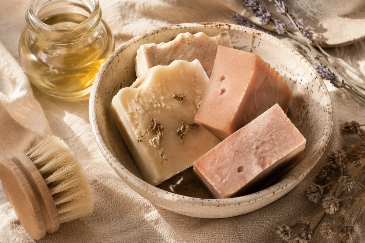 Handmade Soap Bars in Ceramic Bowl