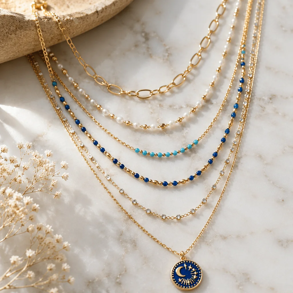 Layered Gold Necklaces on White Marble