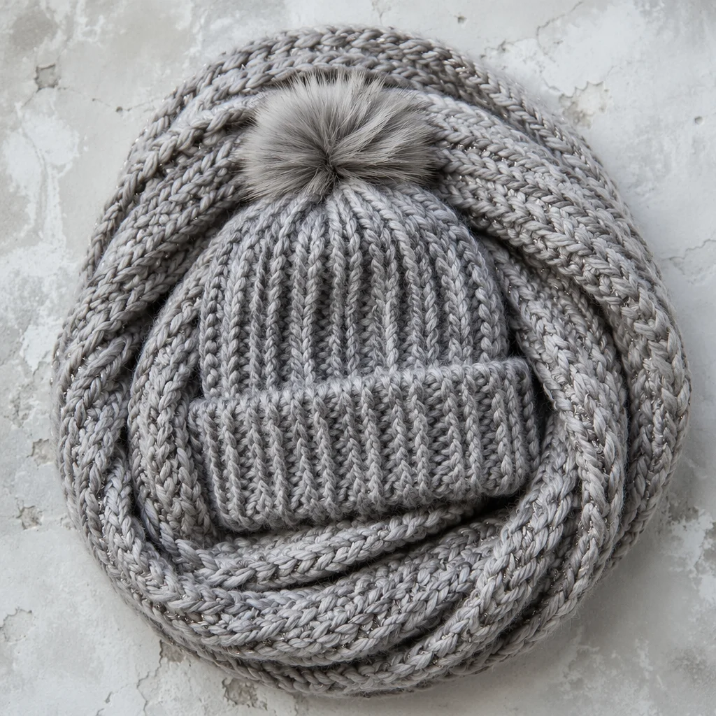 Cozy Gray Knitted Beanie and Scarf Flat Lay