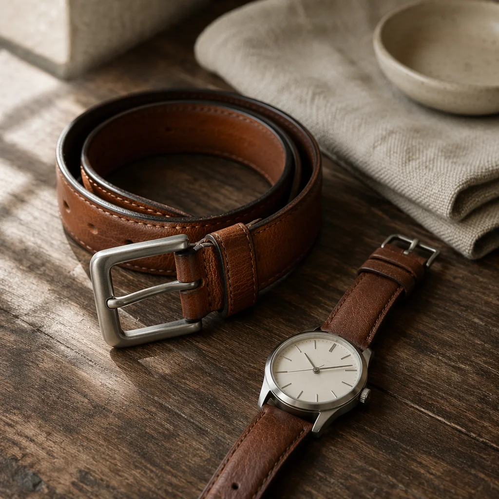 Leather Belt and Watch Flat Lay