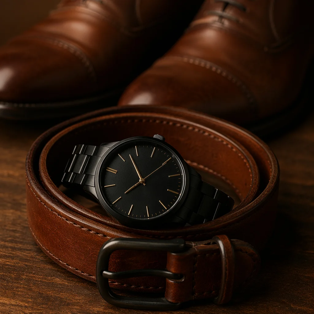 Elegant Wristwatch and Leather Belt Still Life